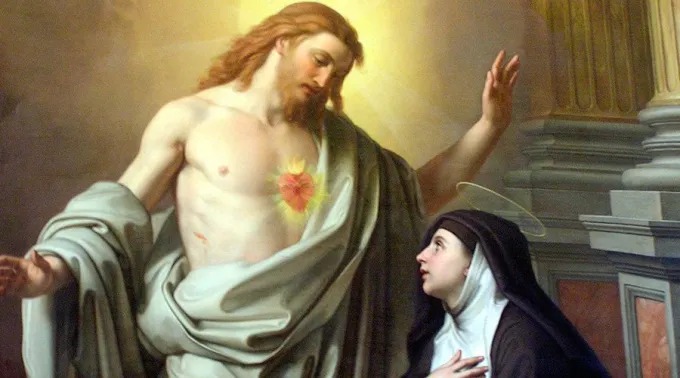 Ilustração das aparição de Jesus Cristo com o Coração aberto à Santa Margarida Maria Alacoque